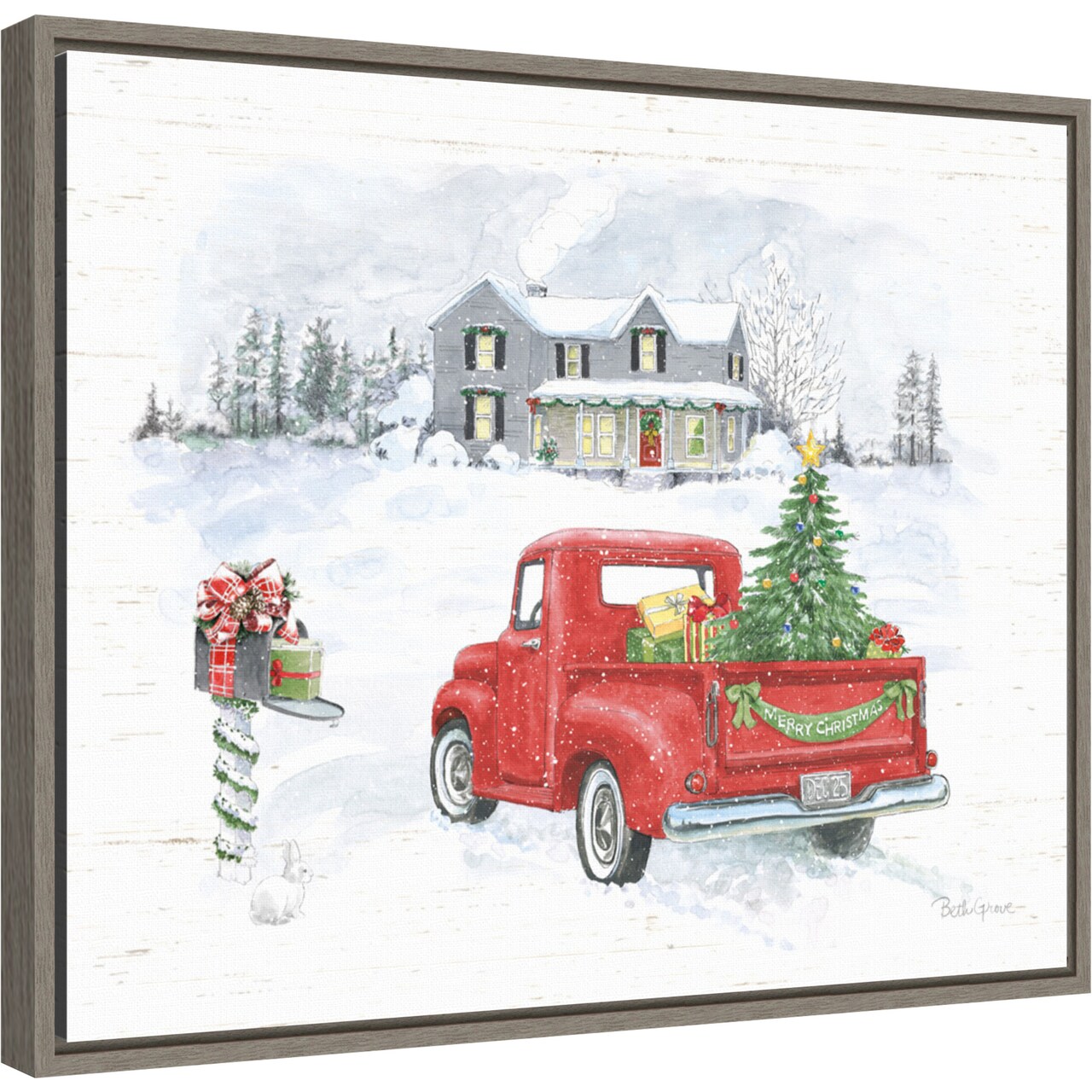 Farmhouse Holidays VI Truck by Beth Grove 20-in. W x 16-in. H. Canvas Wall Art Print Framed in Grey